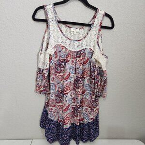 Umgee Tank Top Tunic Dress M Womens Boho Cold Shoulder Lace Paisley
